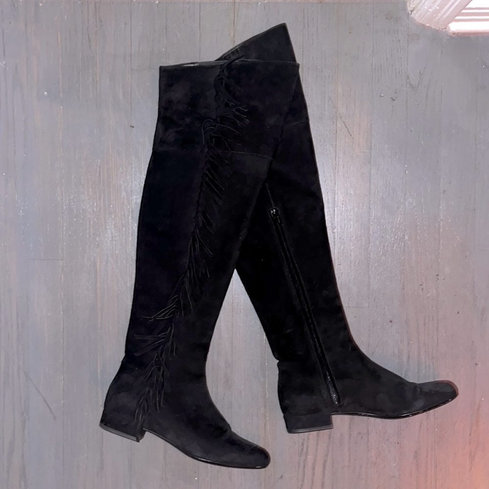 SAINT LAURENT Women's Over The Knee Black Suede Fringed Boots 37
